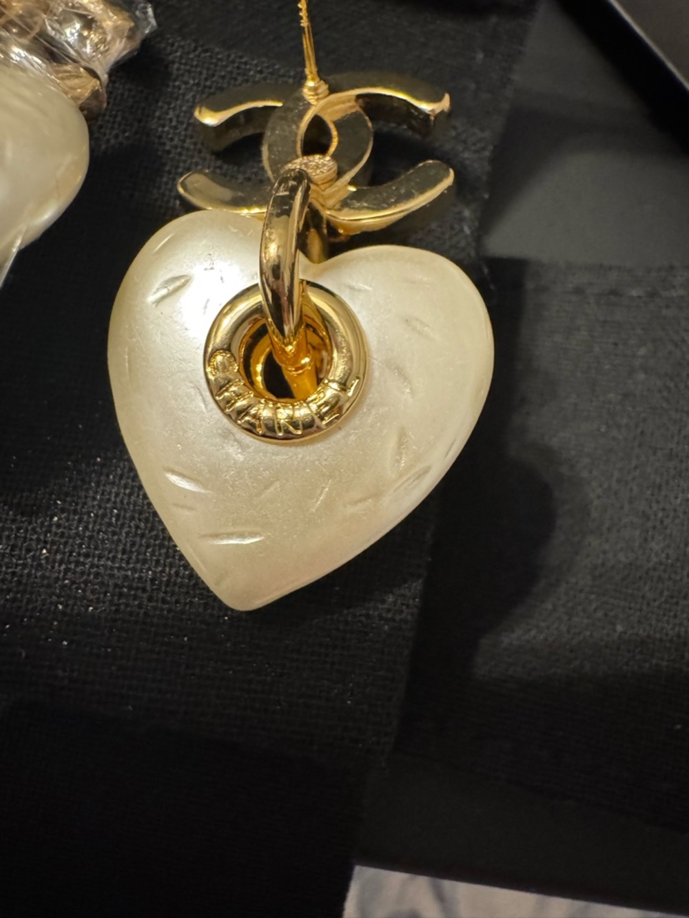 CHANEL Gold-Tone Double C Heart Drop Earrings with Pearl Hearts - Picture 5 of 9